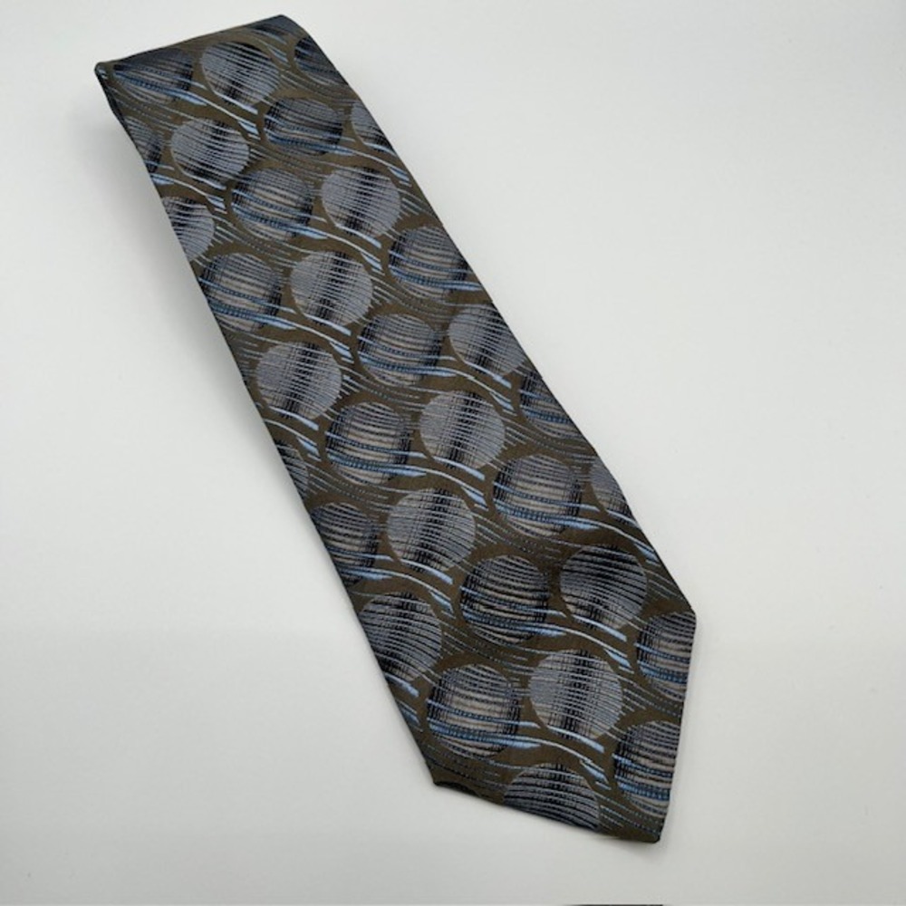 SPQR Rome New York Mens Silk Tie Brown Blue Geometric Circles Made in Italy